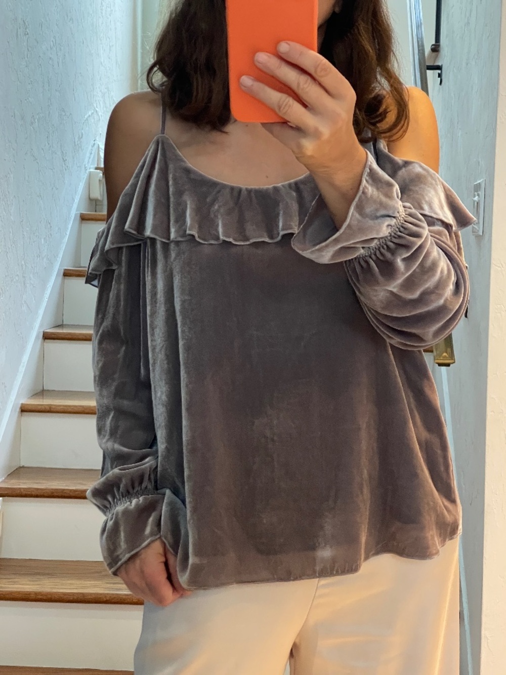 Joie Alyse silk blend velvety purple gray off shoulder ruffled top women M